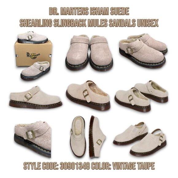 Dr. Martens Isham Taupe Shearling Slingback Mules Sandals Unisex US W-9 M-8 _A1 - Picture 1 of 16